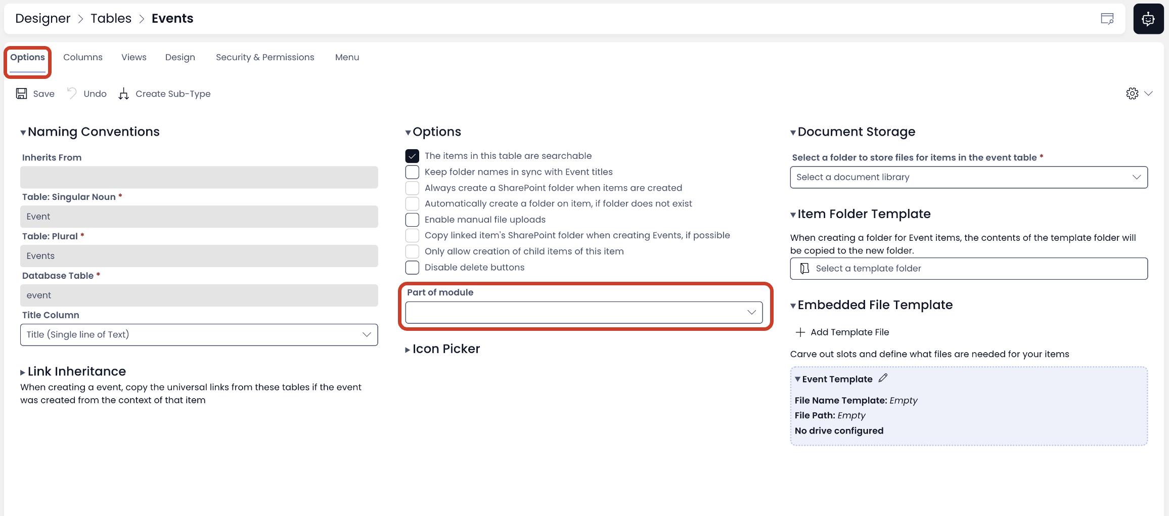 Image showing module association field on Options tab